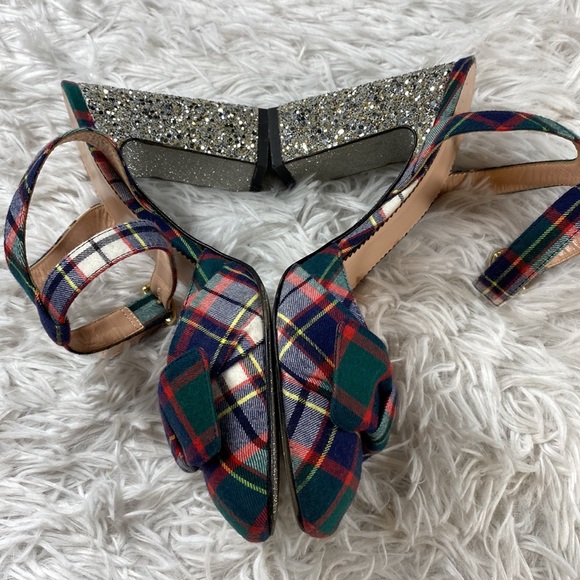 J.Crew Green Multi Harlow Ankle-strap In Festive Plaid Glitter Heel Pumps 7.5
